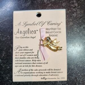 Angelica Gold Angel Brooch with Pink Ribbon